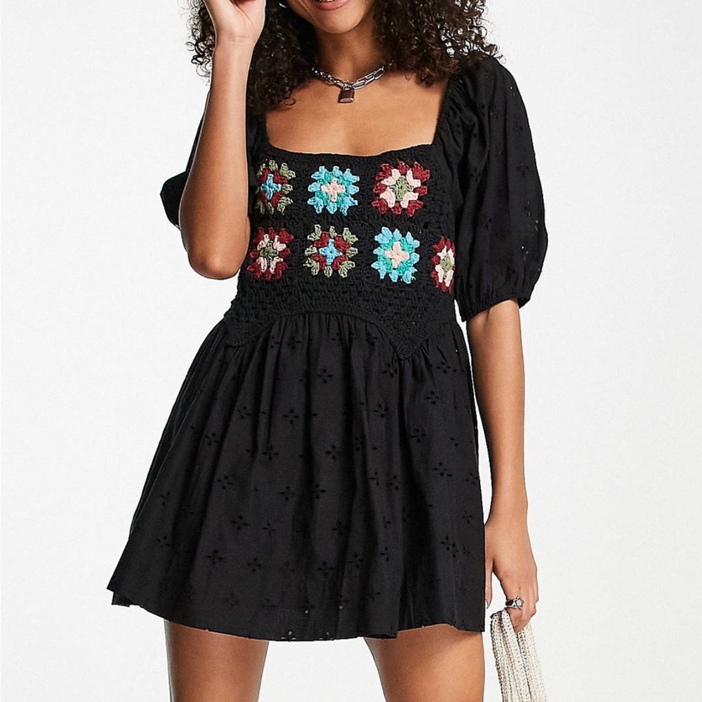 Crochet Puff Sleeve Broderie Mini Dress in Black - ASOS - Gently worn